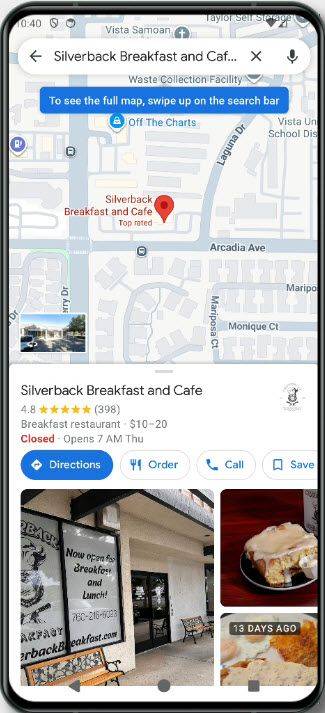 Restaurant map and nutrition search screen