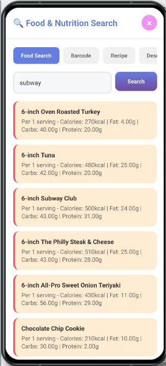 Food and nutrition search results screen