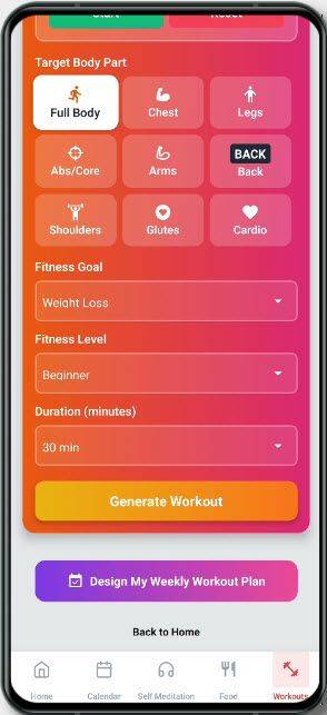 Workout setup screen